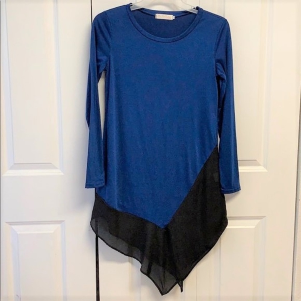 Die Die Fashion Blue Black Sheer Trim Point Bottom Long Sleeve Dress Size M